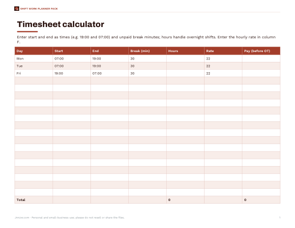 Preview of Printable Shift Timesheet Calculator