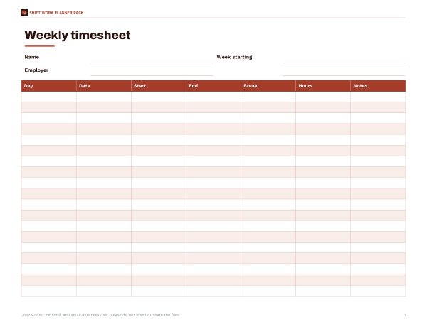 Preview of Printable Weekly Timesheet